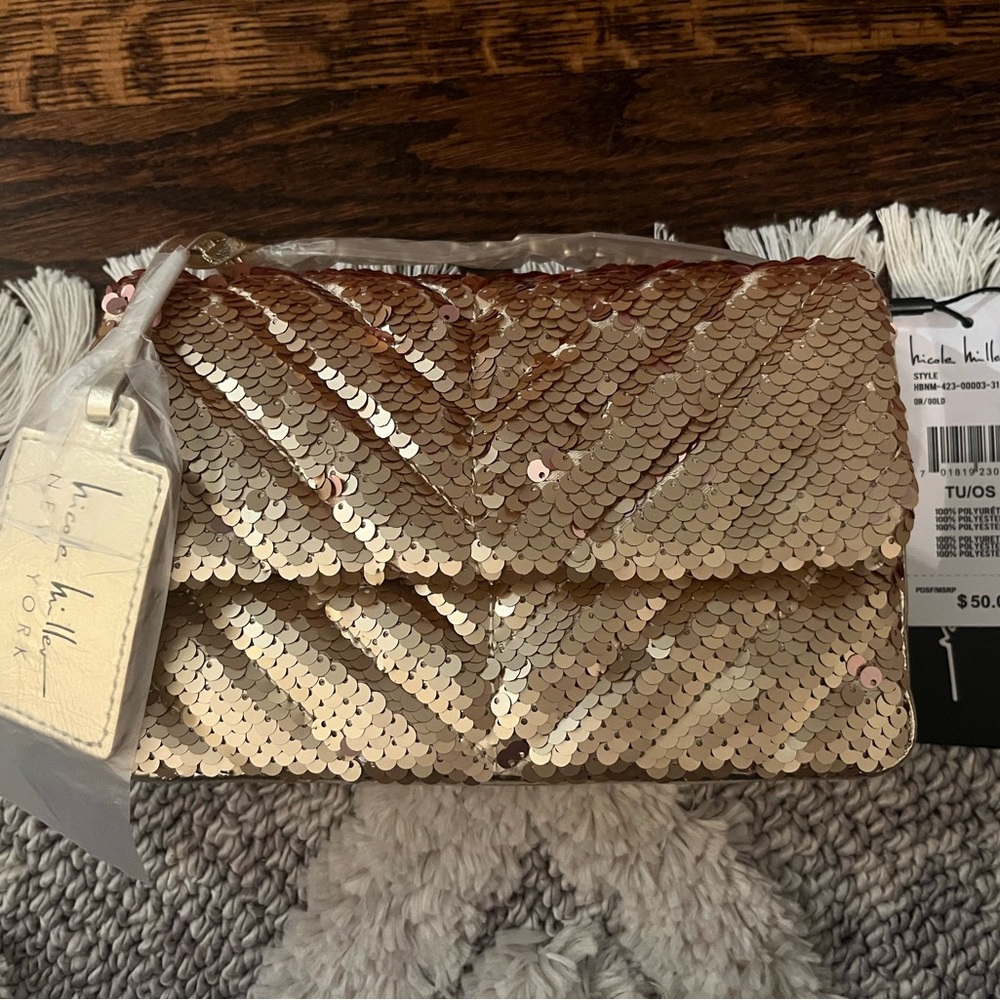 NWT Nicole Miller gold sequin purse.